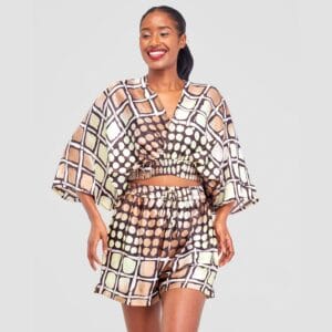 Zoë Qu’an - Earth Tones Geometric Kimono Crop Set