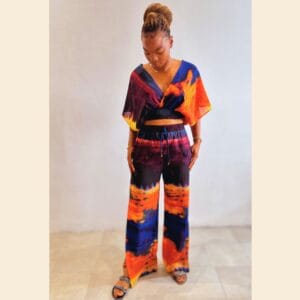 Zoë Qu’an Sunset Hues Kimono Crop & Palazzo Set.